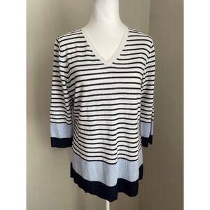 Talbots Sweater Women M‎ Petite White Blue Linen Tunic Beach Coastal Nautical